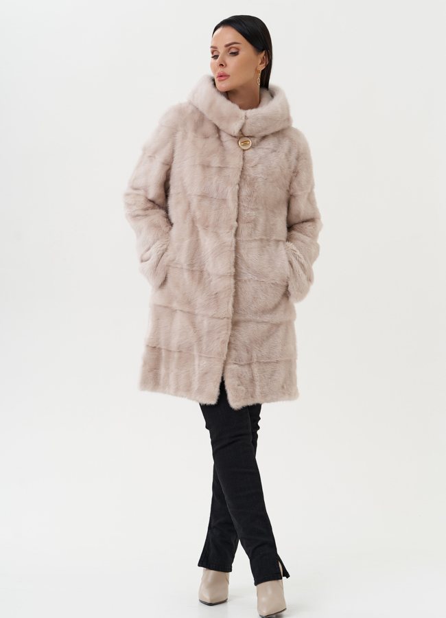 фото Светлая норковая шуба с капюшоном модель № 24957