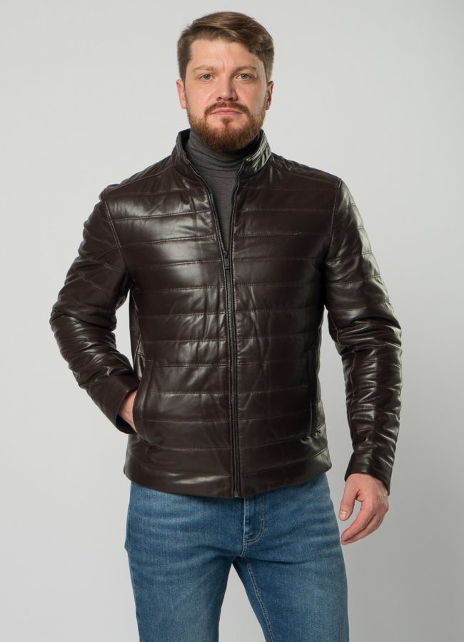 Мужская  утепленная куртка из натуральной кожи коричневого цвета модель № 20551 универмаг малина