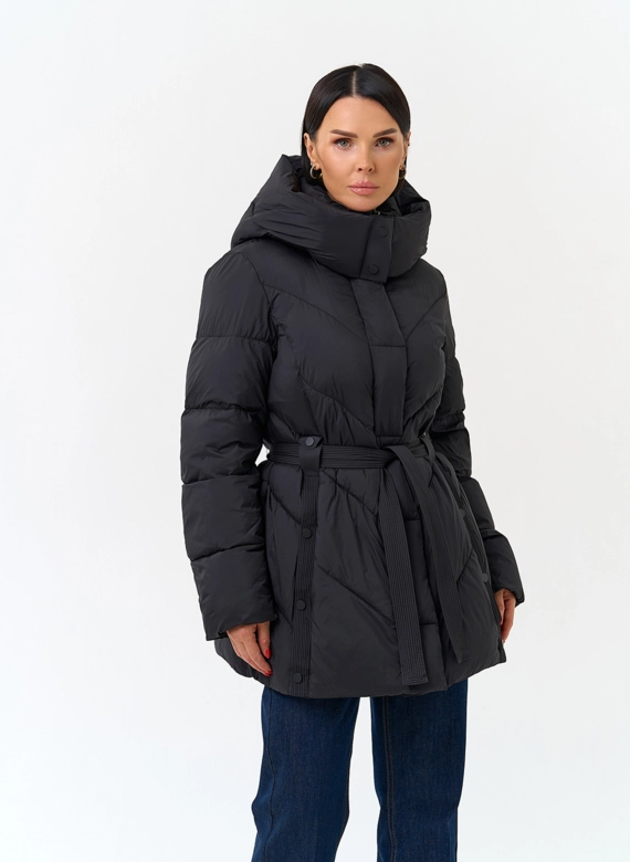 Женский пуховик с поясом фото