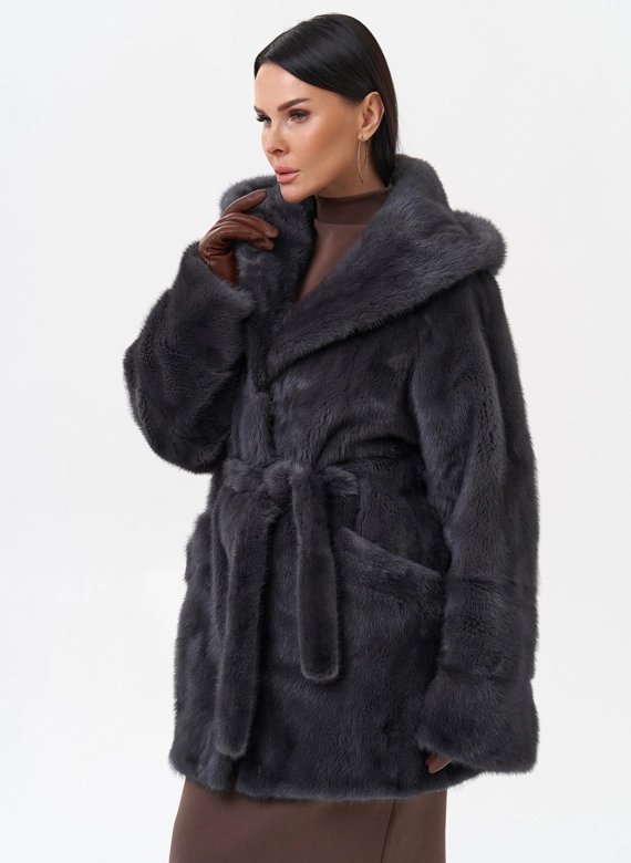 Короткая норковая шуба с капюшоном фото