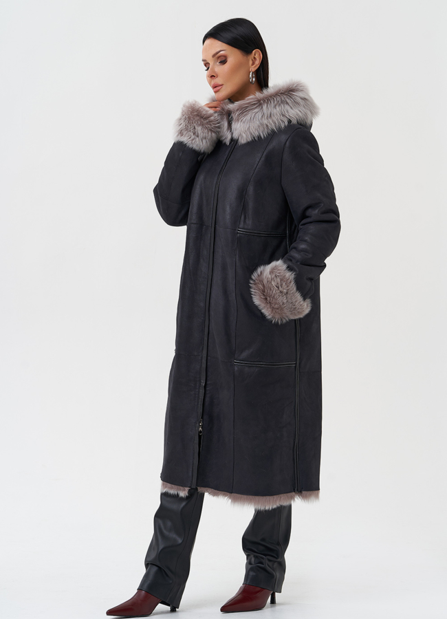 фото Дубленка с отделкой из тосканы с капюшоном модель № 28699