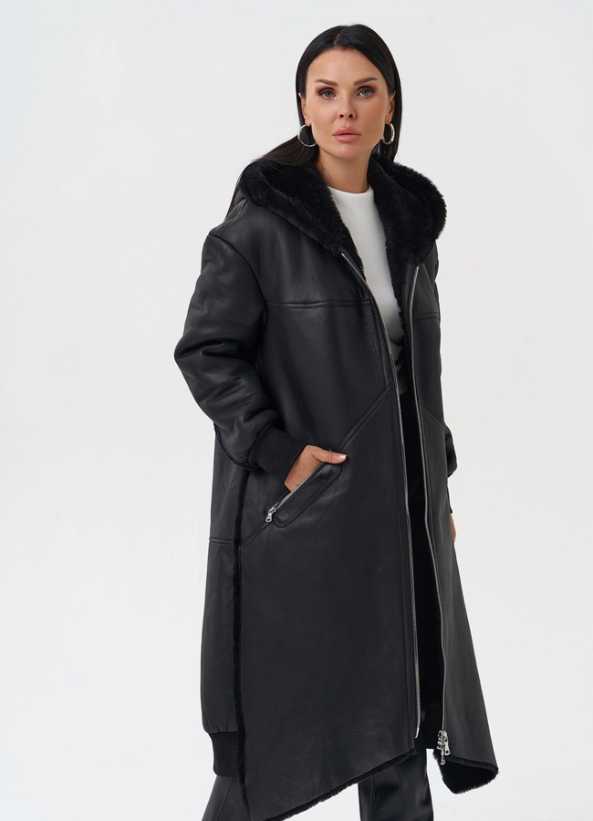 Натуральная дубленка с капюшоном модель № 28701 универмаг малина фото