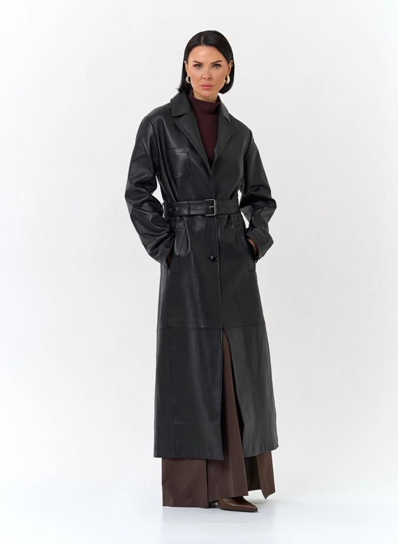Женский длинный плащ из натуральной кожи фото