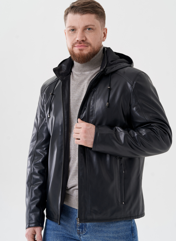 Мужская куртка из эко кожи с капюшоном 