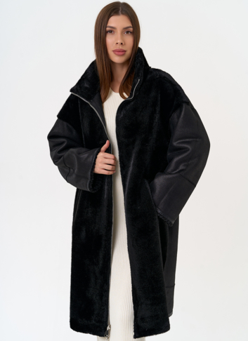 Женская двухсторонняя дубленка из эко замши с воротником стойкой