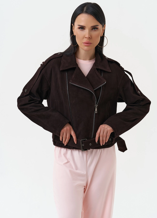 Женская куртка из натуральной замши модель № 30318 меха малина фото