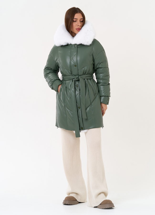 Женский пуховик из эко кожи с отделкой из эко меха модель № 30736 в кредит