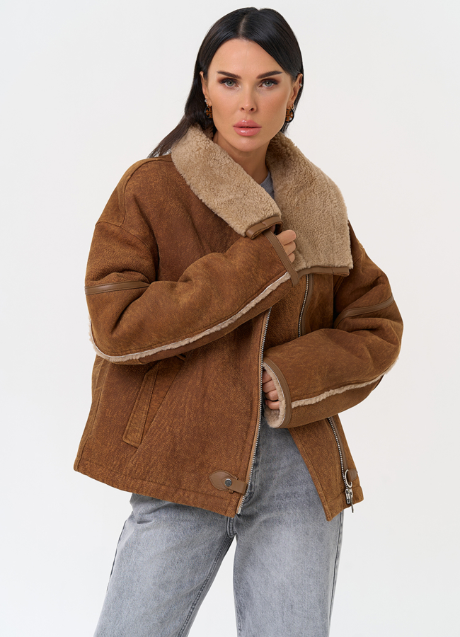 Короткая дубленка с воротником модель № 31359 универмаг малина