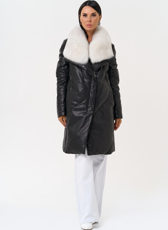 Пуховик из натуральной кожи с меховым воротником