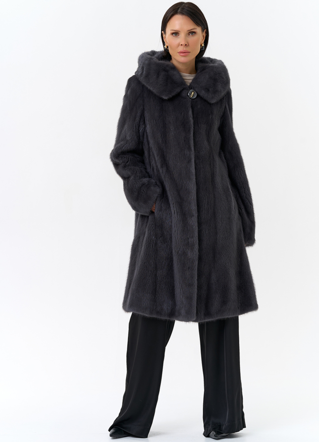 Норковая шуба годе/балетка в роспуск с капюшоном цвета графит модель № 27646 универмаг малина