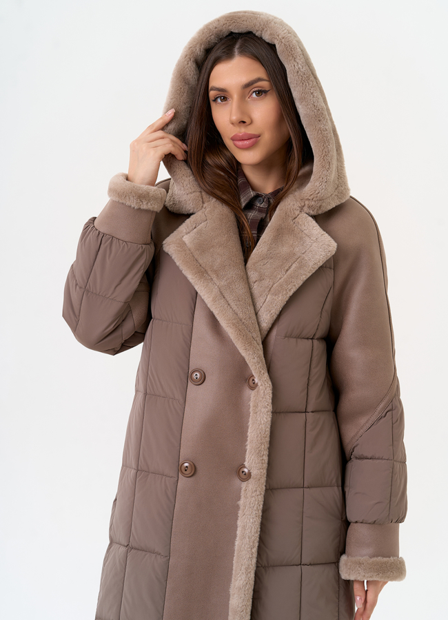 Комбинированный пуховик из эко кожи модель № 31693 универмаг малина