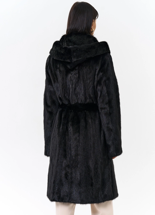 фото Шуба из норки черного цвета с капюшоном  модель № 26287 фото