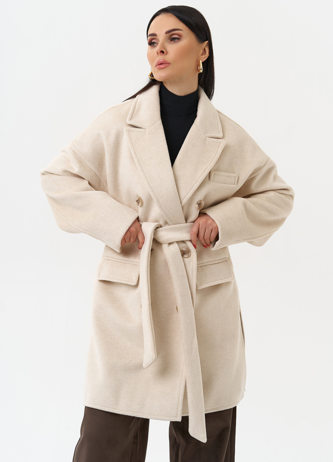 фото Женское укороченное пальто с поясом модель № 30195