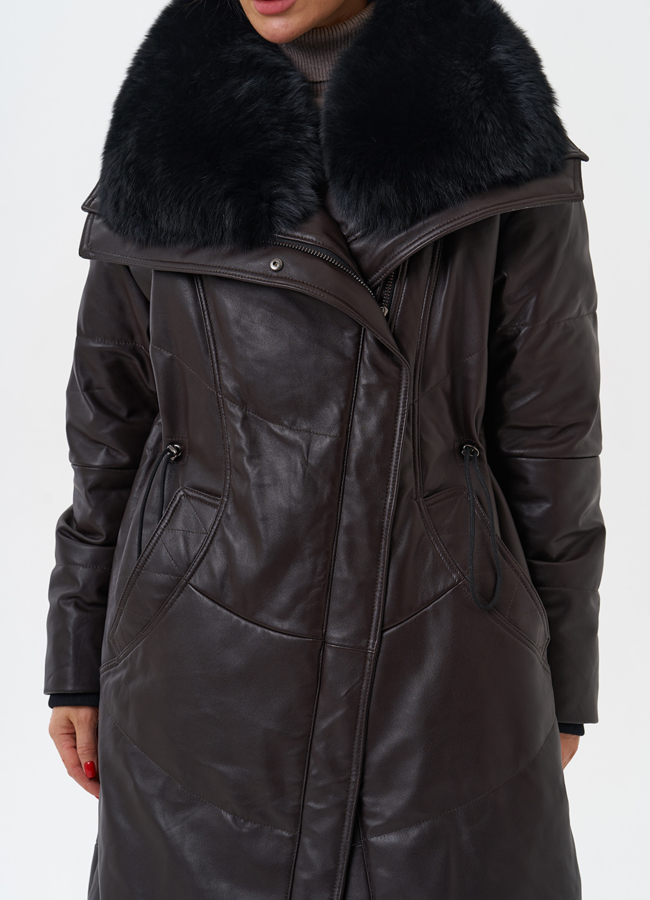 Женский кожаный пуховик с отделкой из натурального меха модель № 28918 универмаг малина