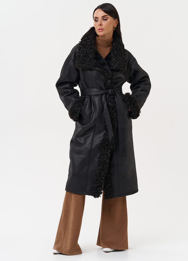 Женская дубленка из эко замши с поясом модель № 31280 универмаг малина