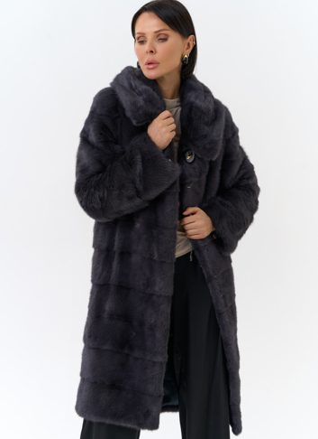 Норковая шуба в цвете графит с капюшоном 