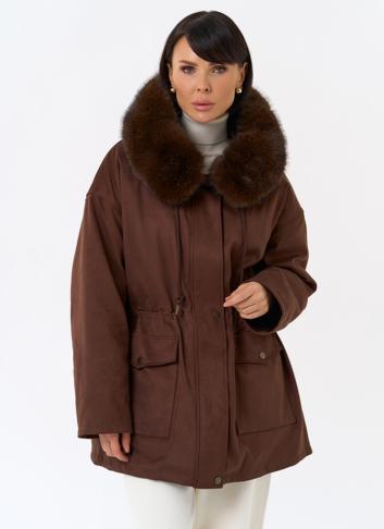 Женская парка из эко замши с капюшоном из эко меха