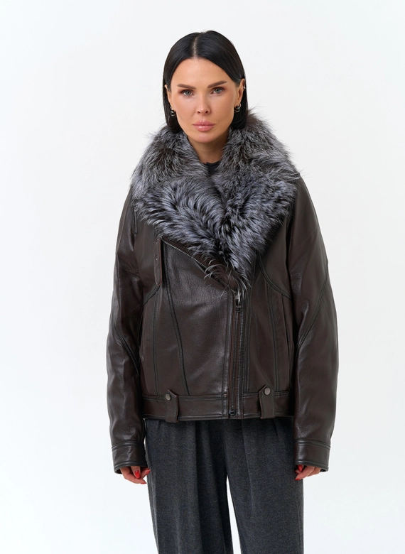 Женский пуховик из натуральной кожи с чернобуркой фото