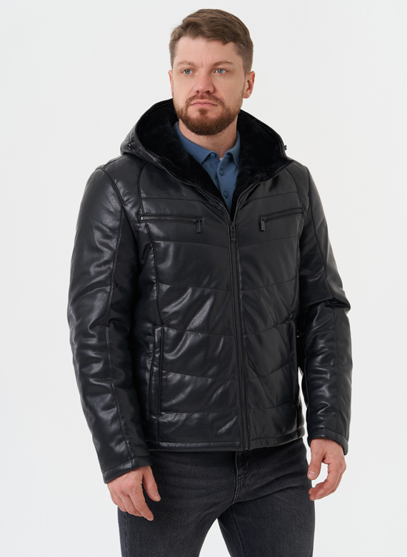 Утепленная куртка из эко кожи с капюшоном