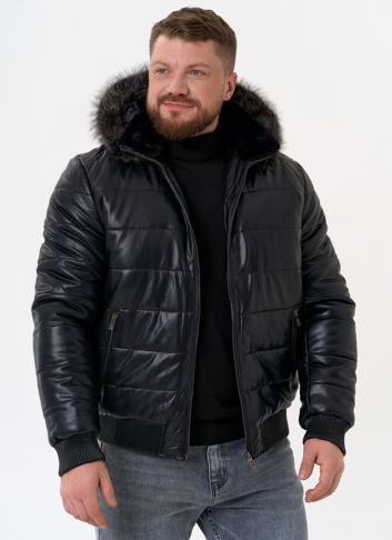 Пуховик из эко кожи черного цвета 