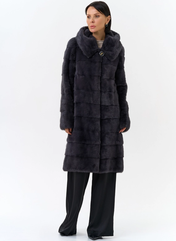 Норковая шуба в цвете графит с капюшоном  фото