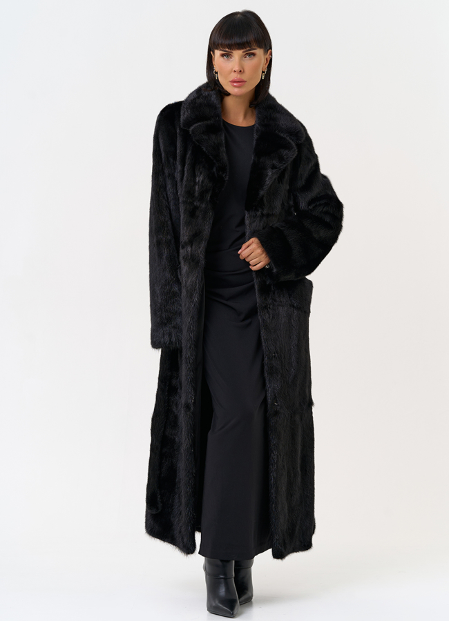 Длинная шуба из меха норки в черном цвете модель № 28080 меха малина