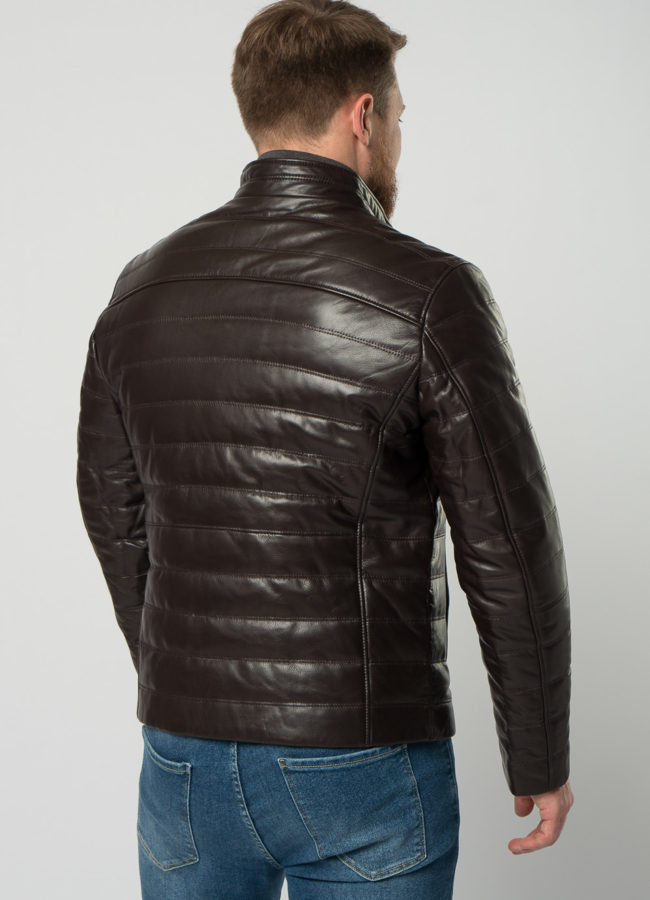 Мужская  утепленная куртка из натуральной кожи коричневого цвета модель № 20551 в кредит