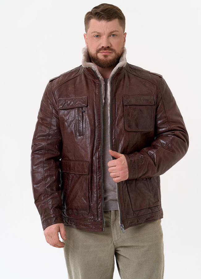 Куртка из натуральной кожи коричневого цвета модель № 31419 меха малина