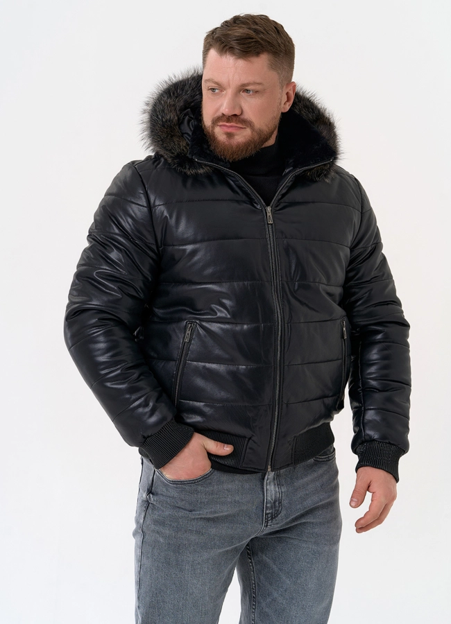 Пуховик из эко кожи черного цвета  модель № 31724 в кредит фото