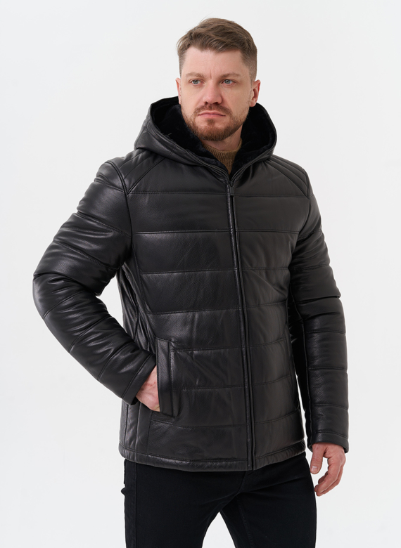 Пуховик из натуральной кожи с отделкой из мутона