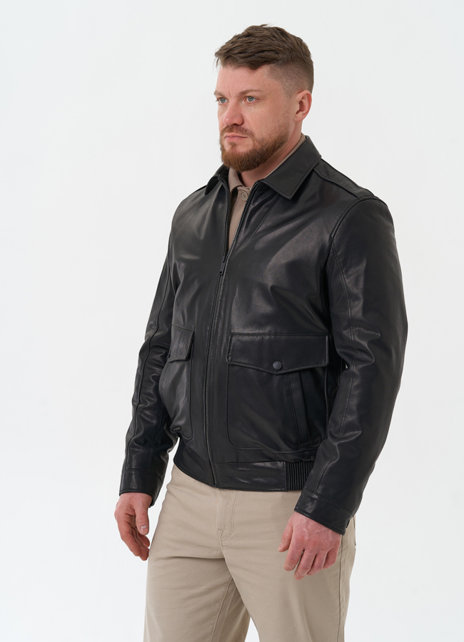 Мужская куртка из натуральной кожи черного цвета  модель № 30068 универмаг малина