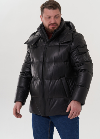 Пуховик из натуральной кожи с капюшоном