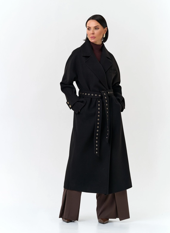 Женское пальто с акцентным поясом фото